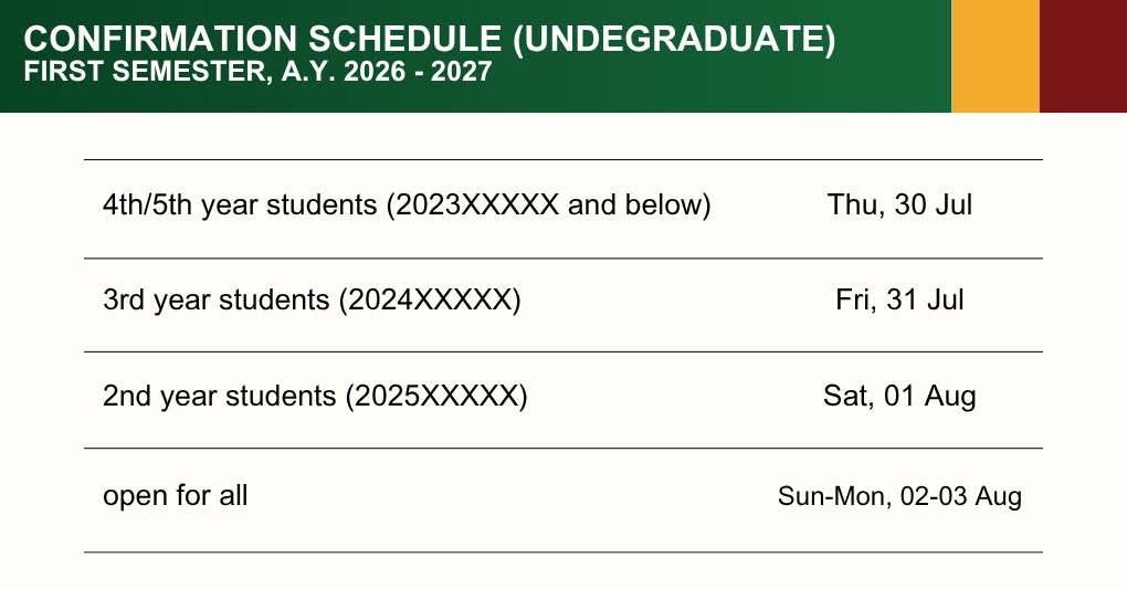 First Semester A.Y. 2026–2027 Undergraduate Confirmation Schedule